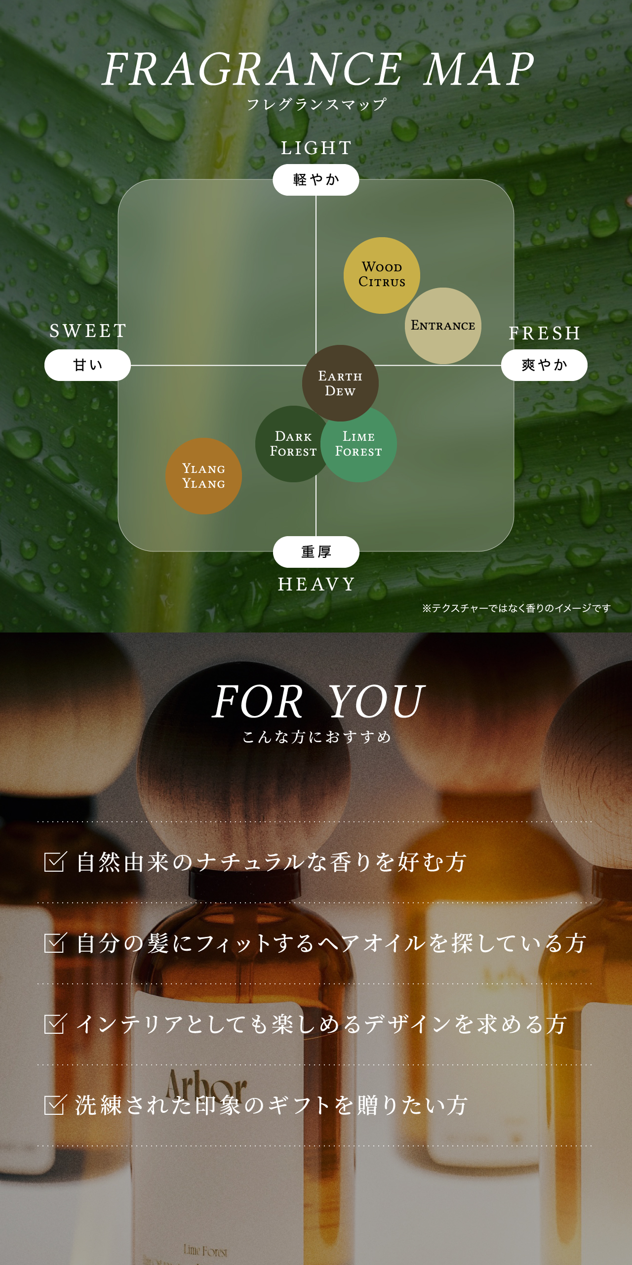 Arborヘアオイル フレグランスマップ – 甘い・爽やか・軽やか・重厚の4軸で6種の香りを比較。自然由来の香りやギフトを探している方におすすめ